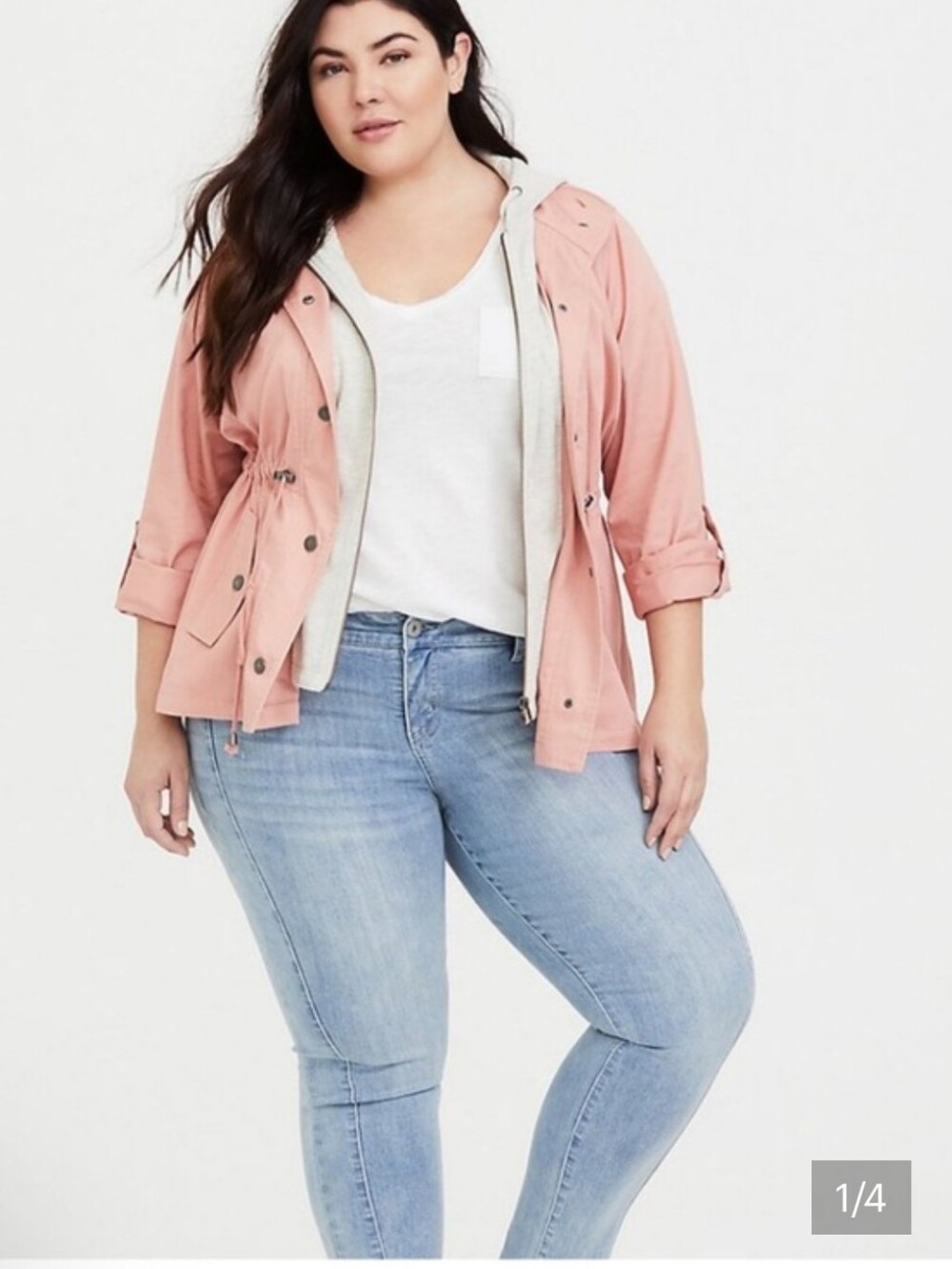 Plus-Size Pink Hooded Utility Jacket with Drawstring Waist